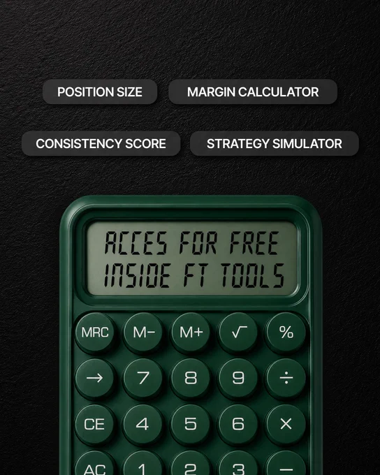 A green calculator displays a message promoting free access to financial tools on a black background with labels for position size, margin calculator, consistency score, and strategy simulator. The mood is informative and professional.