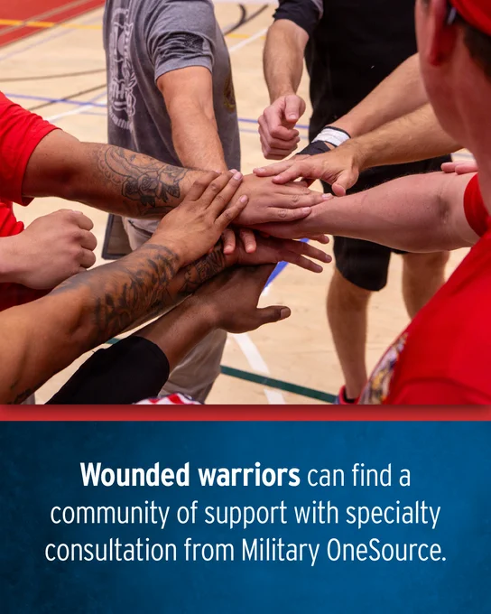 A group of Marines and veterans with the Wounded Warrior Regiment stand in a circle, putting their hands together. Text in a blue banner below reads, “Wounded warriors can find a community of support with specialty consultation from Military OneSource.” 