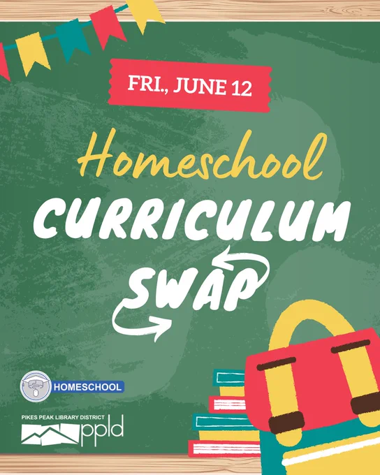 Chalkboard announcing Homeschool Curriculum Swap event on June 12 at East Library with colorful banners and stacked books illustration.
