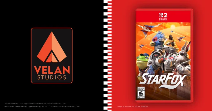 Velan Studios logo on the left, featuring an orange design on a black background. On the right, a Nintendo Switch game case for "Star Fox," showing anthropomorphic animal characters against a space-themed backdrop.