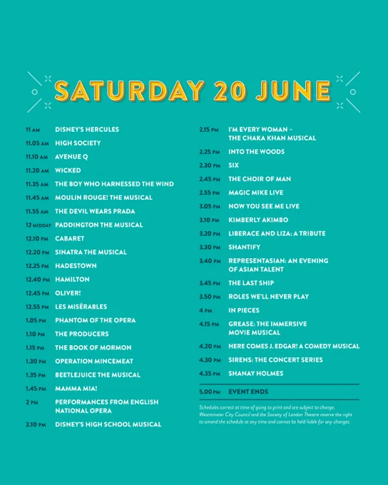 Schedule poster for Saturday, June 20, listing various musical and theatrical performances throughout the day, starting with 'Disney's Hercules' at 11 am and ending with 'Event Ends' at 5 pm. Includes names like 'Les Misérables,' 'The Book of Mormon,' and 'Six.'