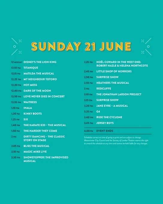Event schedule with performances listed by time. Shows include "Disney's The Lion King," "Titanique," "Matilda the Musical," "My Neighbour Totoro," "Heathers the Musical," "The Jonathan Larson Project," "Jersey Boys," and more. Event ends at 4pm.