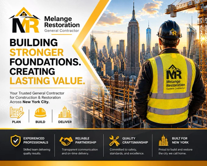 🏗️ Building Stronger Communities. Delivering Excellence.

At Melange Restoration Inc., every project is built on quality, precision, and trust. From construction and restoration to property improvements across NYC, our experienced team is committed to delivering exceptional results that stand the test of time.

Whether you're planning a new project, restoring an existing structure, or enhancing your property's value, we bring the expertise, craftsmanship, and reliability you deserve.

✅ Experienced Professionals
✅ Reliable Partnership
✅ Quality Craftsmanship
✅ Proudly Serving New York City
