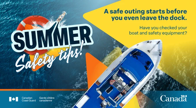 Boating safety awareness poster showing a top-down view of a boat moving across blue water. Text on image: Summer safety tips! A safe outing starts before you even leave the dock. Have you checked your boat and safety equipment?