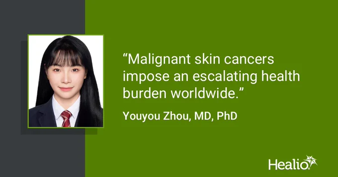 A professional headshot of a doctor next to a quote about malignant skin cancers and their global health impact. The tone is informative and serious.