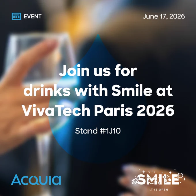 Invitation to enjoy drinks with Smile at VivaTech Paris 2026, stand #1J10, featuring a blurred background of raised glasses.