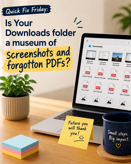 Laptop displaying a cluttered Downloads folder with screenshots and PDFs on a desk with a coffee mug and sticky notes encouraging file cleanup.