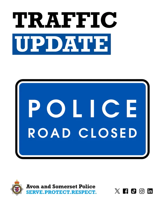 A graphic headed "traffic update" and a blue box with the words "police road closed" in white.