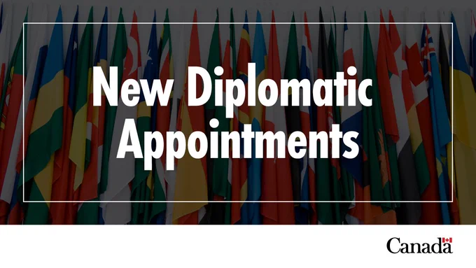 A backdrop of multiple flags with text that reads "New Diplomatic Appointments".