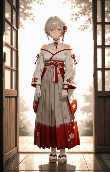 [Positive Prompt]
traditional miko outfit,
faded vermilion hakama,
muted white kosode kimono,
off-shoulder neckline,
exposed shoulders,
high-neck collar (standing collar) added underneath,
the center of the collar features an elegant Japanese-style kumihimo decorative knot,
distressed vintage silk texture,
layered fabric folds,
red braided ropes,
waist bow,
small antique golden charm on waist bow,
detached long sleeves,
sheer sleeve overlay,
subtle floral embroidery on sleeves,
white lace gloves,
red braided cord bracelet on wrist,
floral hair accessory,
white tabi socks,
traditional straw sandals,
soft cinematic lighting,
atmospheric,
slightly desaturated,
muted colors,
aged aesthetic,

[Negative Prompt]
necklace, magatama, ribbon, chain, vibrant colors, neon, high contrast, glossy, plastic, modern accessories, bell, heavy makeup
