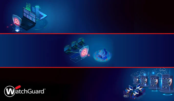 WatchGuard logo next to cybersecurity deployment examples against a dark blue and black background