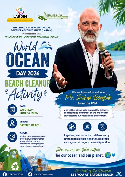 🌊💙 WORLD OCEAN DAY 2026 – BEACH CLEANUP*💙🌊

I'm honored to join forces with LARDIN and ASCOA for this important Beach Cleanup Activity in commemoration of World Ocean Day!

📅 Date: Saturday, June 13, 2026  
📍 Location: Batoke Beach  

This is a powerful community action to protect our oceans, raise awareness, and keep our coastal ecosystems clean for future generations. 

I hope everyone comes out and joins us! Together we can make a real difference. 🌍🌊

A cleaner beach starts with us. 

Let's show up and take action! ✨

#WorldOceanDay2026 #BeachCleanup #LARDIN #ASCOA #ProtectOurOceans #EnvironmentalAwareness #CommunityAction


See you at Batoke Beach! 🙌