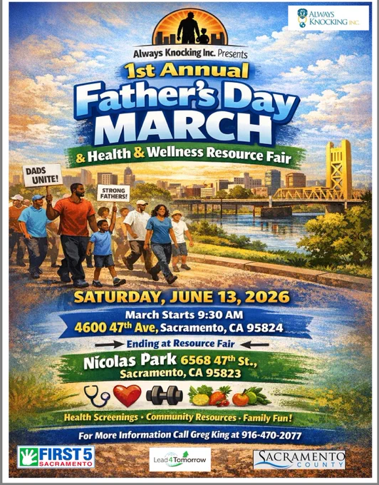 Group of diverse fathers and children walking along a riverfront path in Sacramento for the 1st Annual Father's Day March and Health & Wellness Fair.