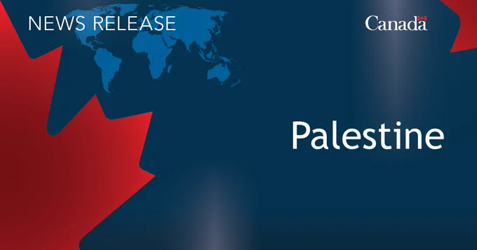 Image of the map of the world, with half of the maple leaf, and the Canada logo, with the following text overlayed: News release - Palestine.