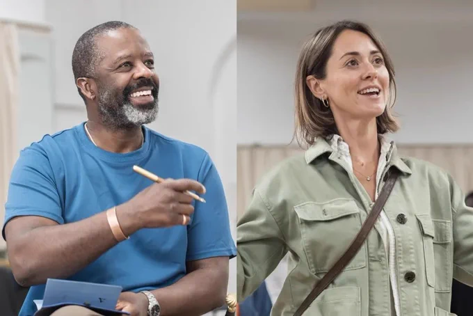 Actors Adrian Lester and Susannah Fielding in a rehearsal room