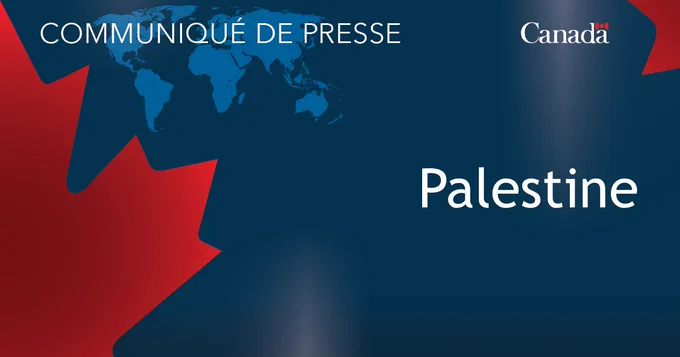 Image de la carte du monde, avec la moitié d’une feuille d'érable et le logo du Canada, avec le texte suivant en surimpression: Communiqué de presse - Palestine