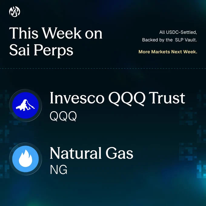 Promotional image featuring Invesco QQQ Trust and Natural Gas markets. It highlights USDC-settled trades and upcoming markets backed by the SLP Vault.