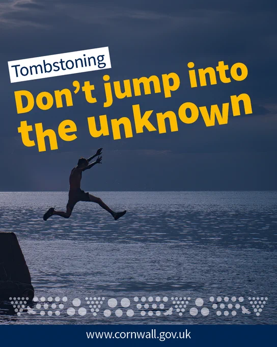 A person jumps into water with the warning 'Tombstoning - Don't jump into the unknown' above.