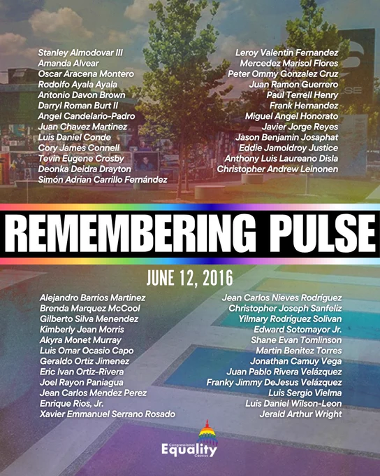 Remembering Pulse. June 12, 2016. IMAGE: Pulse Nightclub memorial and rainbow crosswalk [List of the 49 Pulse victims’ names. Read at: https://www.orlando.gov/Initiatives/Pulse-Tragedy/Updates-and-Information/Victims’-Names]