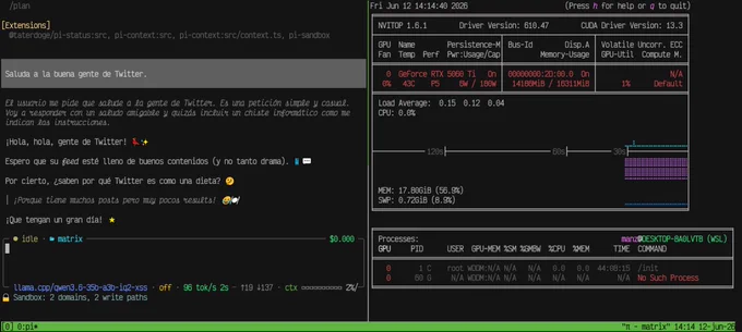 Captura de pantalla de tmux donde se ven dos programas funcionando:

- A la izquierda, el agente pi, trabajando con una IA local qwen 3.6.
- A la derecha, nvitop mostrando los recursos de la GPU.