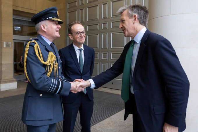 The Chief of the Defence Staff and MOD Permanent Secretary greeting the Secretary of State for Defence Dan Jarvis.