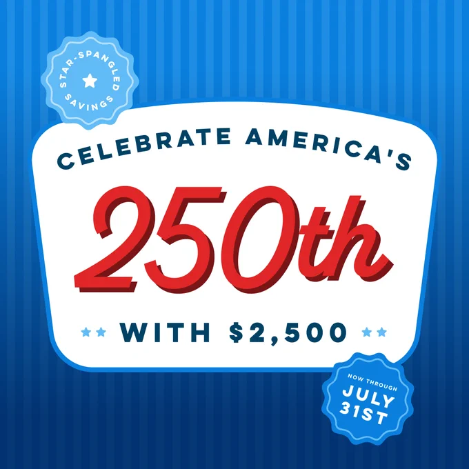 Patriotic Star-Spangled Savings promotion from S&A Homes offering $2,500 toward options, upgrades or closing costs on new homes, quick move-in homes and Build on Your Land contracts through July 31, 2026.