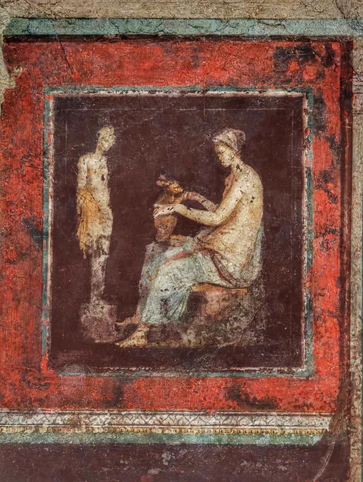 FRESCO PANEL, C. 20 BCE. PALAZZO MASSIMO ALLE TERME

A fresco panel, a pinax, from Cubiculum B of the domus of the Farnesina (ca. 20 BCE), Palazzo Massimo. Framed by a wide border of cinnabar red, a dark-ground panel depicts a woman seated before a stone herm of rustic Hermes. Wearing a white chiton and pale blue-green mantle, she sits in stillness, cradling an amphora as she composes herself in a moment of ritual purity (euphēmia) before making a libation. The herm holds a thin staff, his phallus occluded by his hand. This sacred-idyllic scene balances the room's other, explicitly erotic pinakes of couples embracing on beds. Together, these simulated panel paintings reflect the dual forces governing the bedroom: the physical passion of Venus and the restorative, pastoral quiet of Dionysian and Hermetic otium. The mix serves as an art gallery displaying the owner's Hellenistic taste, while transforming the private cubiculum into a sanctuary where the world's white noise falls silent. 