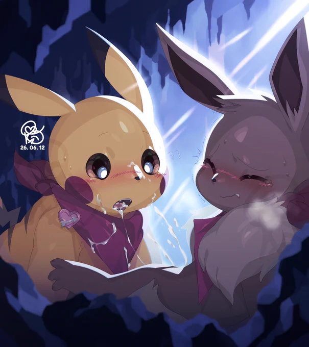 Digital illustration. Pikachu, a Pokemon wearing a red scarf and a heart-shaped badge, looks up with a startled expression. Its face and mouth are covered in sticky liquid as it watches Eevee ejaculate white fluid while experiencing an intense climax. Eevee has its eyes tightly shut and its mouth clenched, trying to stifle its moans. The illustration charmingly captures the pure, cute moment of the characters engaging in sexual activity against the backdrop of a blue cave illuminated by beautiful natural light.