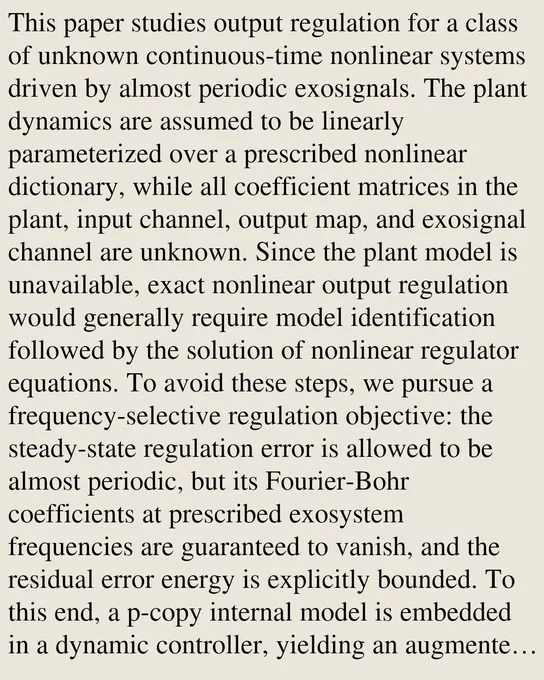 This paper studies output regulation for a class of unknown continuous-time nonlinear systems driven by almost periodic exosignals. The plant dynamics are assumed to be linearly parameterized over a prescribed nonlinear dictionary, while all coefficient matrices in the plant, input channel, output map, and exosignal channel are unknown. Since the plant model is unavailable, exact nonlinear output regulation would generally require model identification followed by the solution of nonlinear regulator equations. To avoid these steps, we pursue a frequency-selective regulation objective: the steady-state regulation error is allowed to be almost periodic, but its Fourier-Bohr coefficients at prescribed exosystem frequencies are guaranteed to vanish, and the residual error energy is explicitly bounded. To this end, a p-copy internal model is embedded in a dynamic controller, yielding an augmented nonlinear system whose unknown constant matrices are represented directly by measured data. A no