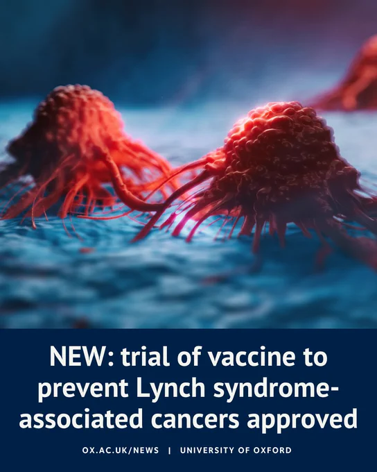 Illustration of cancer cells with a headline about the approval of a vaccine trial to prevent Lynch syndrome-associated cancers.