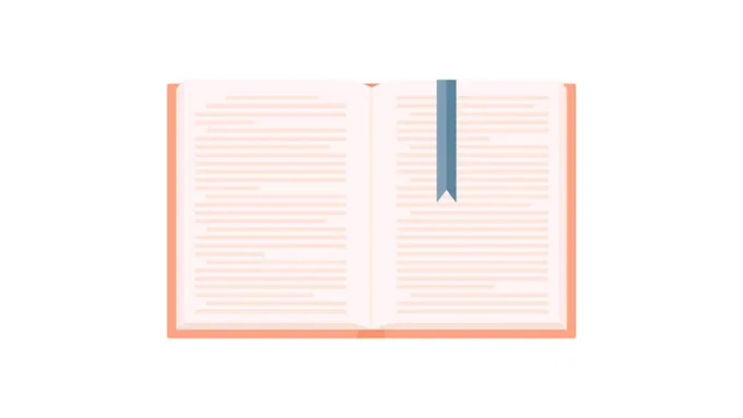 An illustration of a flat open book with an orange cover, with a blue ribbon-like bookmark marking the page it is open to.