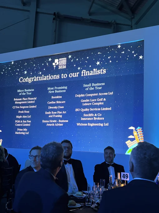 Finalists for Small Business of the Year displayed on a big screen with guests at the table in front