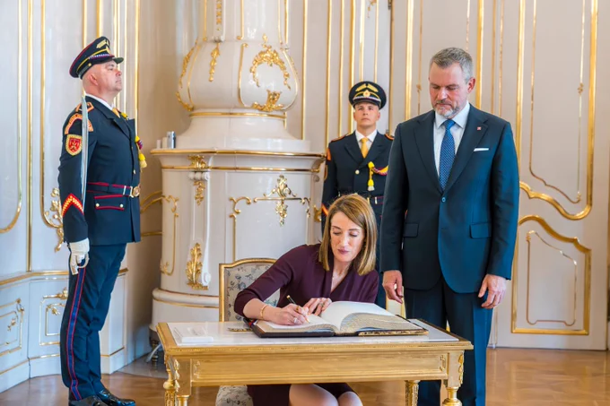 The President of the European Parliament Roberta Metsola with the President of Slovakia Peter Pellegrini, in Bratislava, Slovakia.