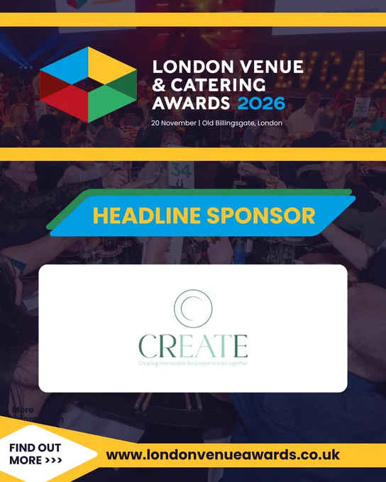 Promotional image for the London Venue & Catering Awards 2026. Includes event details and sponsor logo.