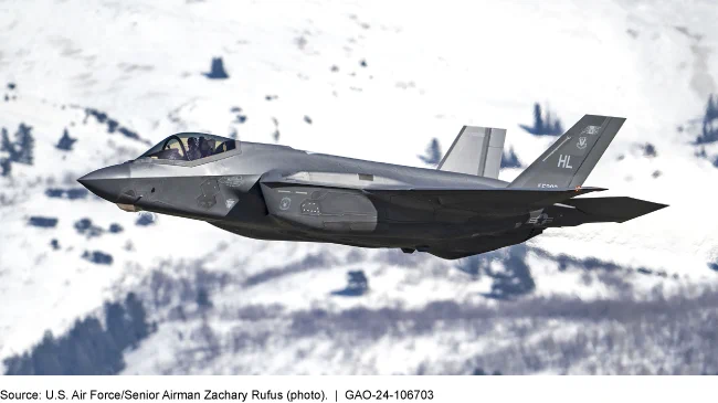 An image of an F-35 flying over a snowy forest.