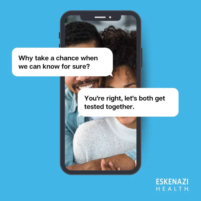 A couple shown on a phone screen discussing getting tested together, with text bubbles about knowing status and testing.