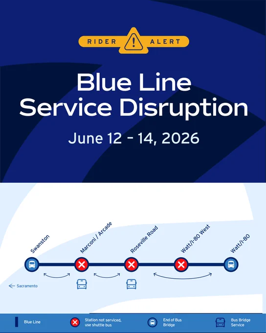 Rider alert: Blue Line service disruption June 12–14, 2026; some stations not served — shuttle bus and bus-bridge service provided.