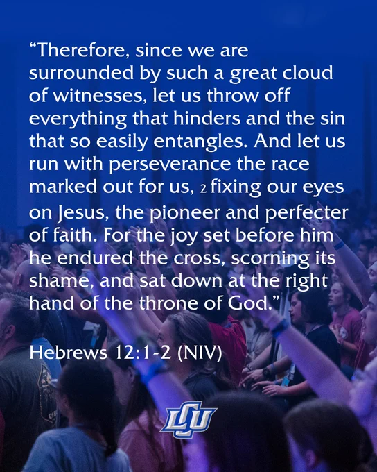 scripture hebrews 12:1-2 overlayed on an image of people worshipping 