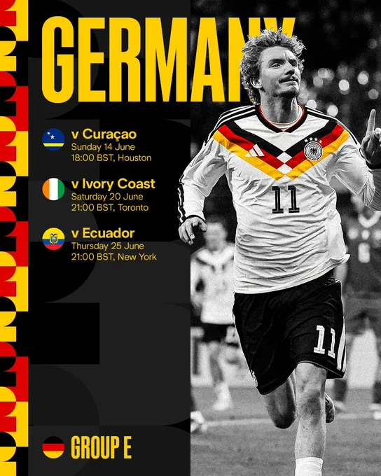 Germany's fixtures in the World Cup: Curaçao, Ivory Coast and Ecuador. 