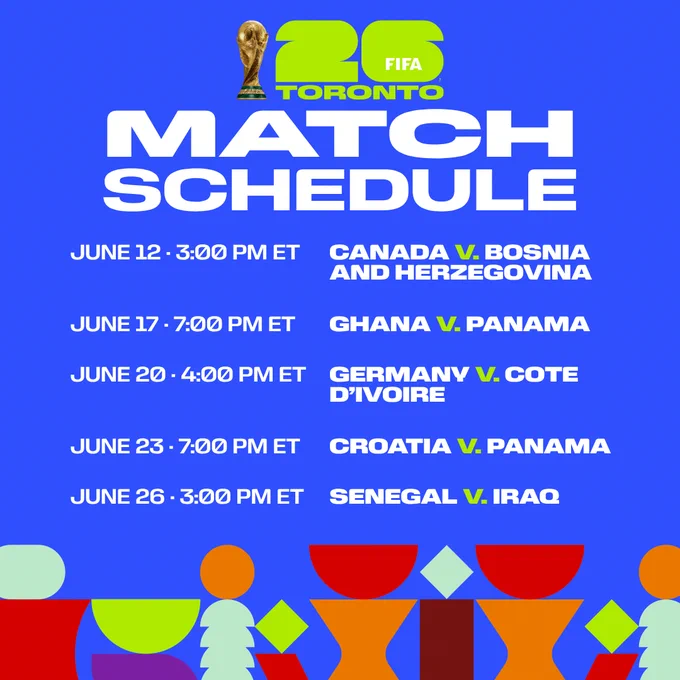 Reads: Match Schedule. June 12: 3pm. Canada vs Bosnia and Herzegovina.
