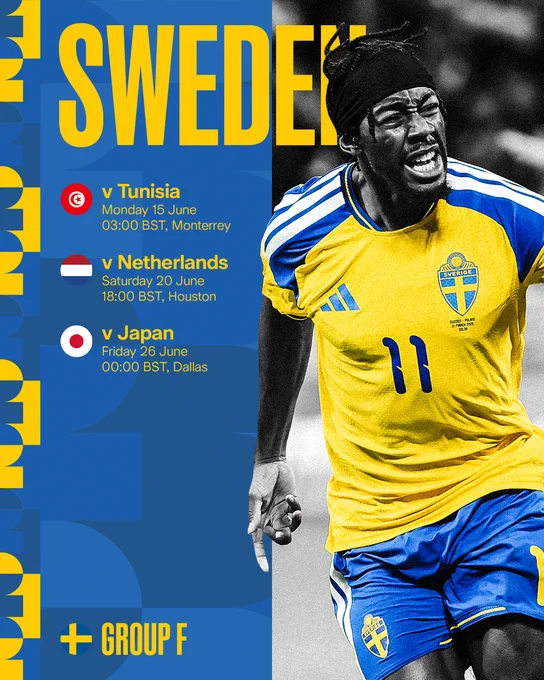 Anthony Elanga pictured on a graphic showing Sweden's fixtures: Tunisia, Netherlands and Japan. 