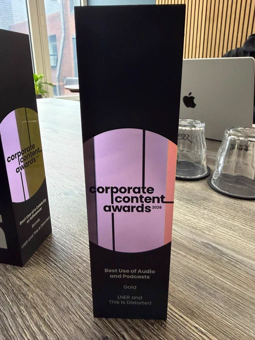 The actual award for Routes with Corporate Content Awards 2026 written on it.