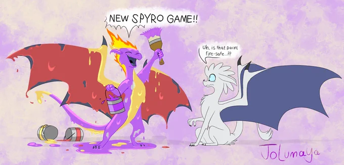 Two dragon siblings Rell and Suith. Rell has painted himself in Spyro the Dragon's colors, cosplaying in anticipation for the new Spyro game in 2027. Suith watches in trepidation, worried about whether the paint is flammable or not.