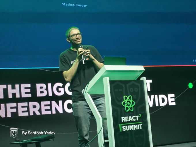 Stephen on stage at react summit 