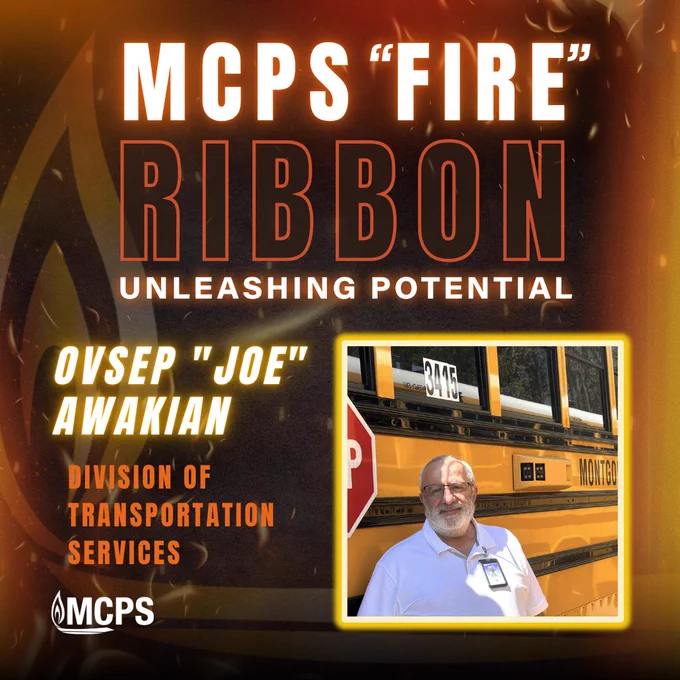 Portrait of OVSEP Joe Awakian standing in front of a Montgomery County school bus, promoting MCPS Fire Ribbon initiative.