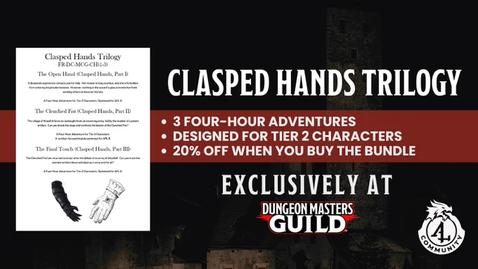 Save 20% with the Clasped Hands Trilogy bundle deal at DMsGuild.com