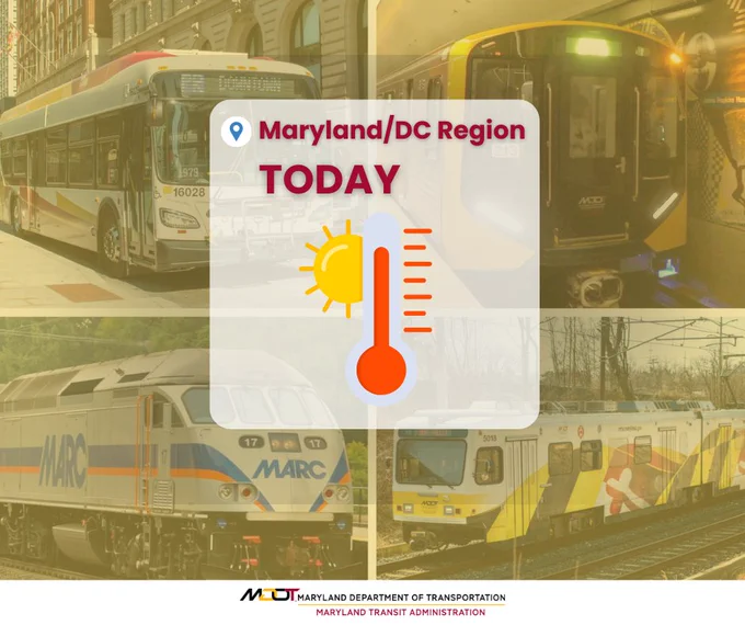 Hot weather is in the forecast. Stay hydrated & travel with plenty of water in a spill-proof container. Stay protected by wearing a hat, using an umbrella, & wearing sunscreen. Download the Transit app to know when your bus or train will arrive https://mta.maryland.gov/transit #MDOTsafety
