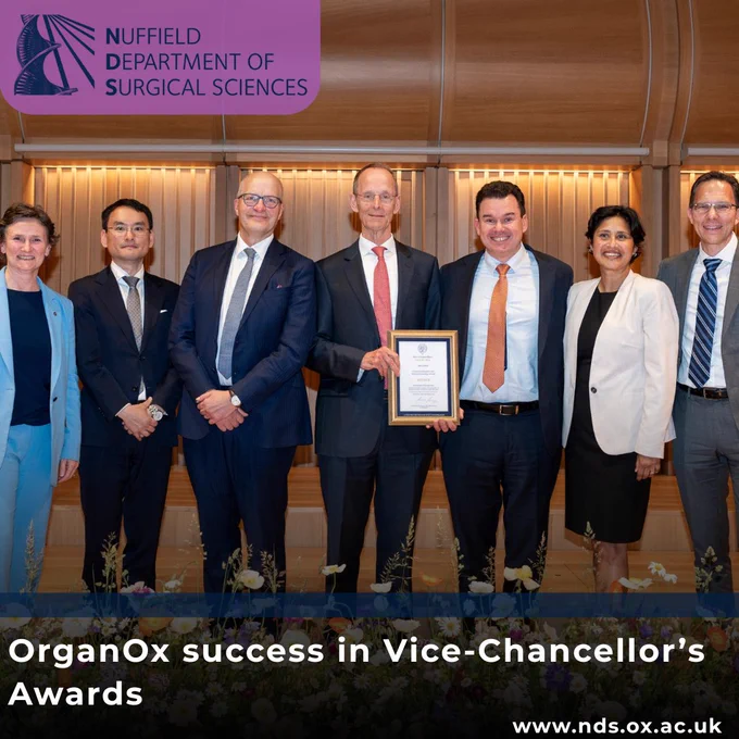 NDS logo, Picture of Winners of the Commercialisation and Entrepreneurship Award 2026: OrganOx (©John Cairns Photography), Text that reads: OrganOx success in Vice-Chancellor’s Awards, www.nds.ox.ac.uk