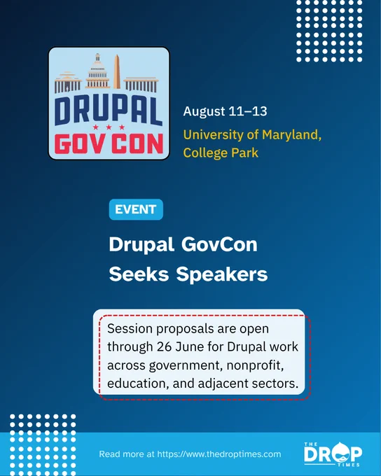 Vertical TDT card: “Drupal GovCon Seeks Speakers” with deck on Drupal GovCon 2026 session proposals.