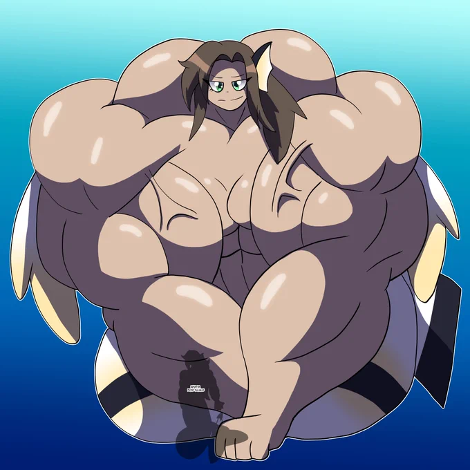 A giant muscular Kleo so big she barely fits in the canvas. 
Nhaym, another merfolk, is barely bigger than her hand.